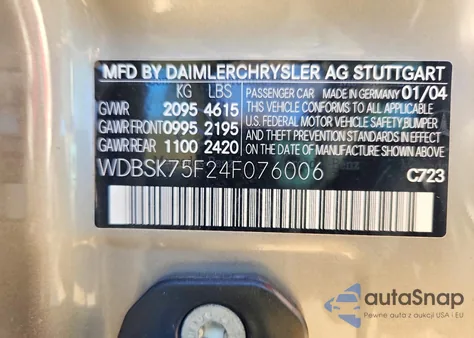 2004 Mercedes-Benz Sl 500 z USA, uszkodzony, nr VIN WDBSK75F24F076006